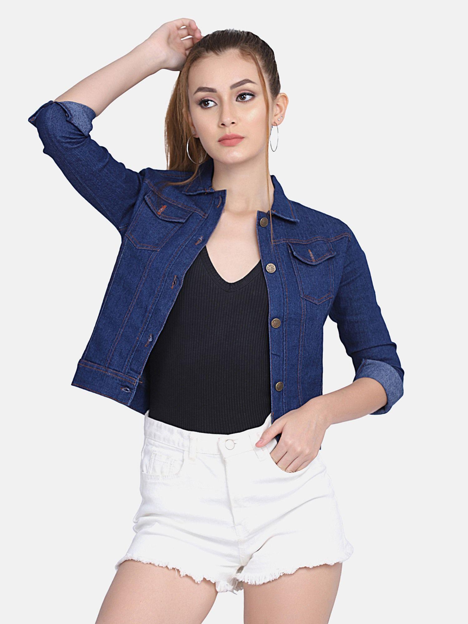 solid dark blue women regular denim jacket