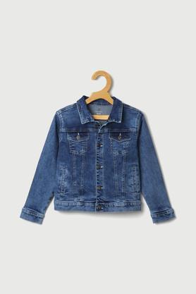 solid denim collar neck boys jacket - mid stone