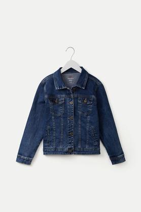 solid denim collar neck girls jacket - indigo