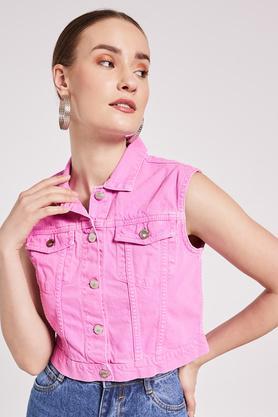 solid denim collar neck women's jacket - pink