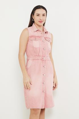 solid denim collar neck women's knee length dress - pink