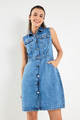 solid denim collared women's casual dress - stone