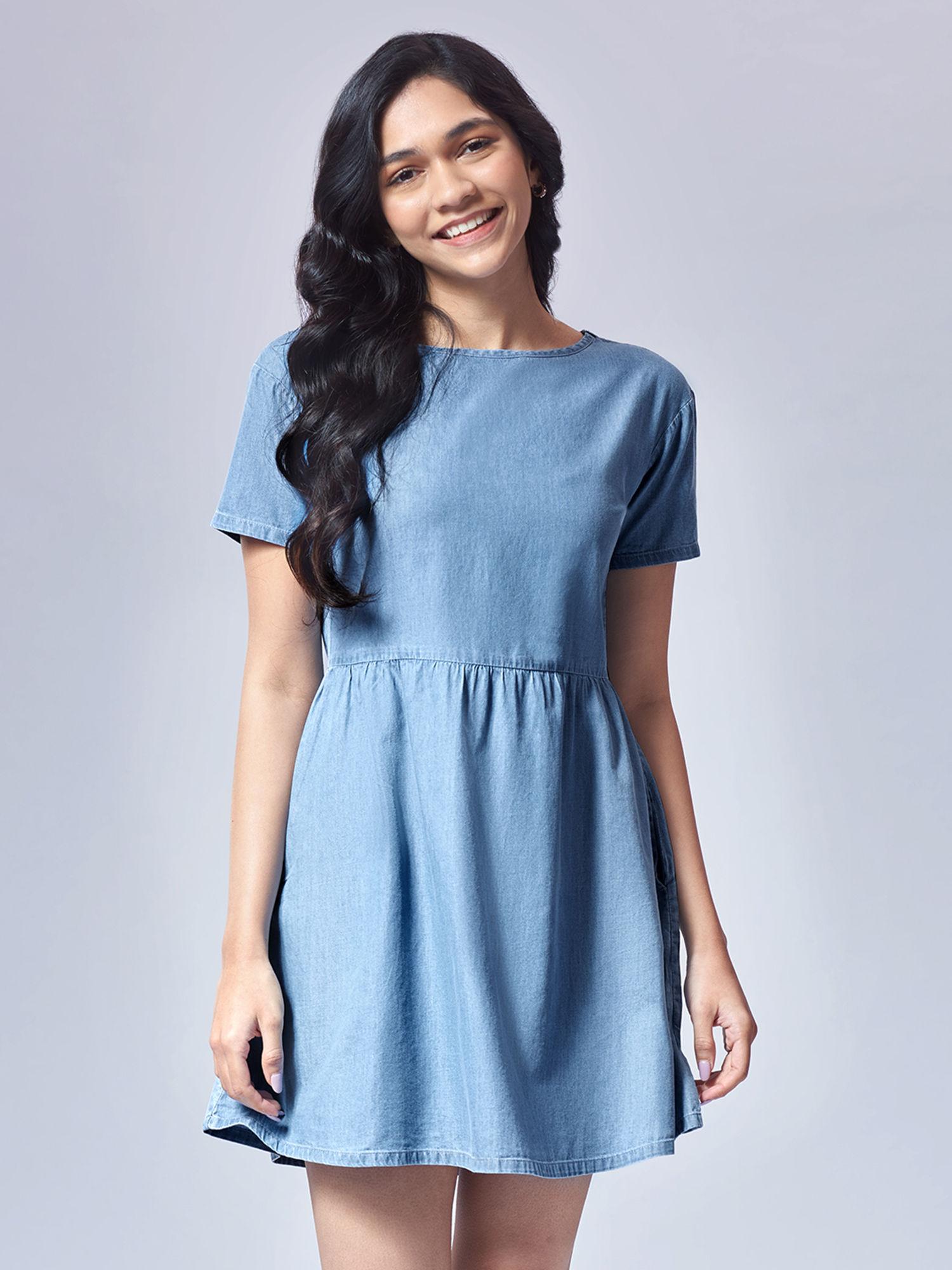 solid denim ice blue women gathered dresses for women