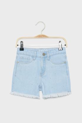 solid denim regular fit girls shorts - ice