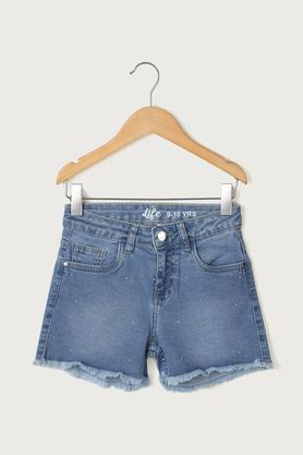 solid denim regular fit girls shorts - mid stone