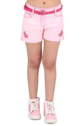 solid denim regular fit girls shorts - pink