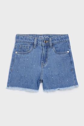 solid denim regular fit girls shorts - stone