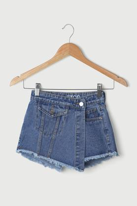 solid denim regular fit girls shorts - stone