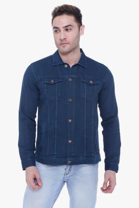 solid denim regular fit men's casual jacket - blue
