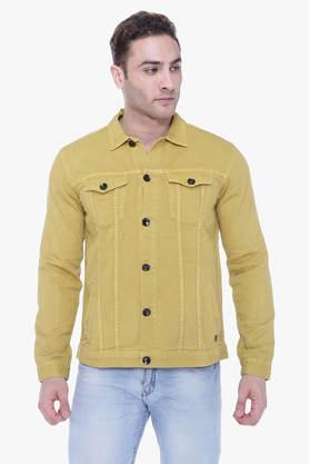 solid denim regular fit men's casual jacket - khaki