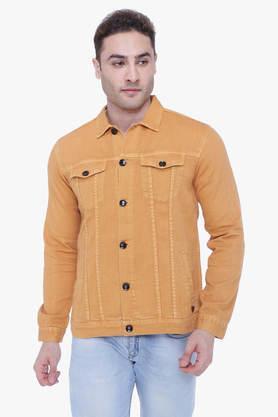 solid denim regular fit men's casual jacket - mustard