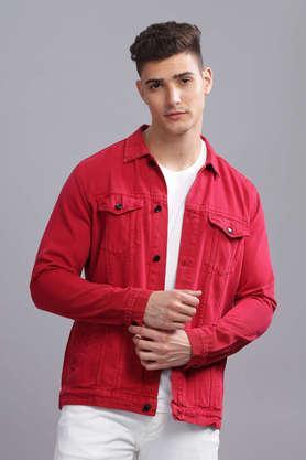 solid denim regular fit men's casual jacket - red