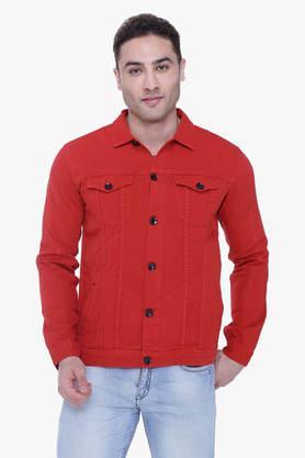 solid denim regular fit men's casual jacket - red