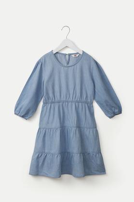 solid denim round neck girls casual wear dress - ice