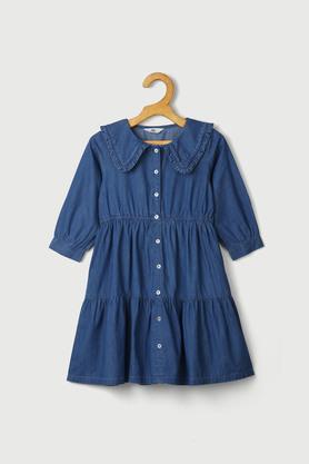 solid denim round neck girls dress - mid stone