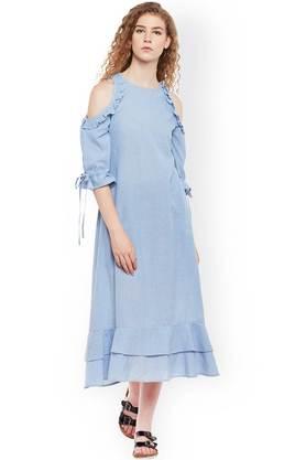 solid denim round neck women's knee length dress - blue