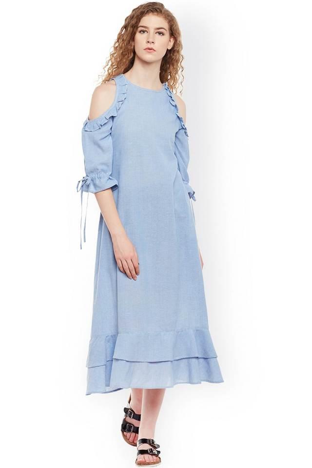 solid denim round neck womens knee length dress