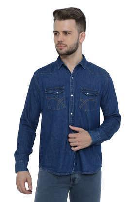 solid denim slim fit men's cargo shirt - blue