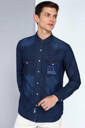 solid denim slim fit men's cargo shirt - dk indigo