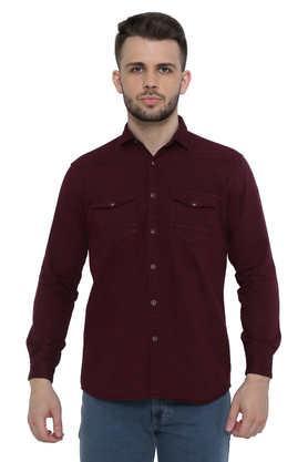 solid denim slim fit men's cargo shirt - plum