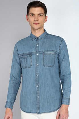 solid denim slim fit men's cargo shirt - sky blue