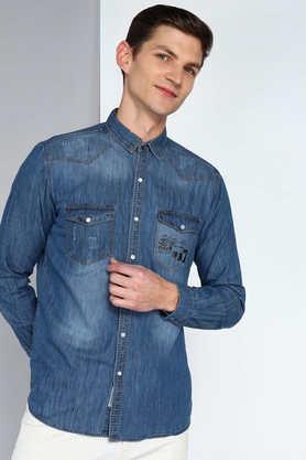 solid denim slim fit men's cargo shirt - stonewash blue