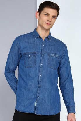 solid denim slim fit men's cargo shirt - stonewash blue