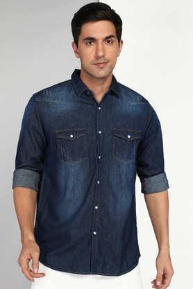 solid denim slim fit men's casual shirt - blue