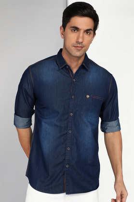 solid denim slim fit men's casual shirt - dk indigo