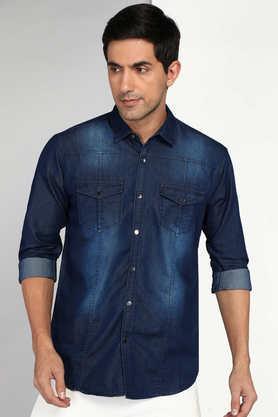 solid denim slim fit men's casual shirt - dk indigo