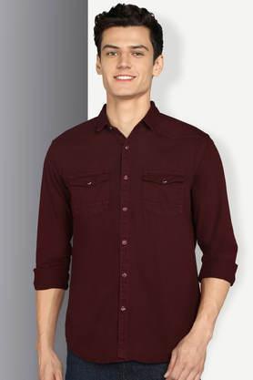 solid denim slim fit men's casual shirt - plum