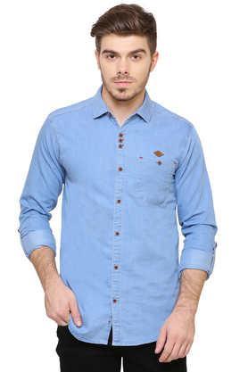 solid denim slim fit men's casual shirt - sky blue