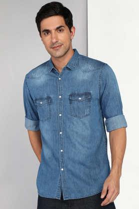 solid denim slim fit men's casual shirt - stonewash blue