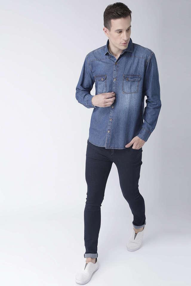 solid denim slim fit mens casual shirt