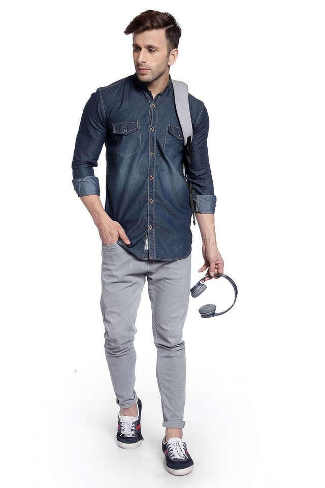 solid denim slim fit mens casual shirt