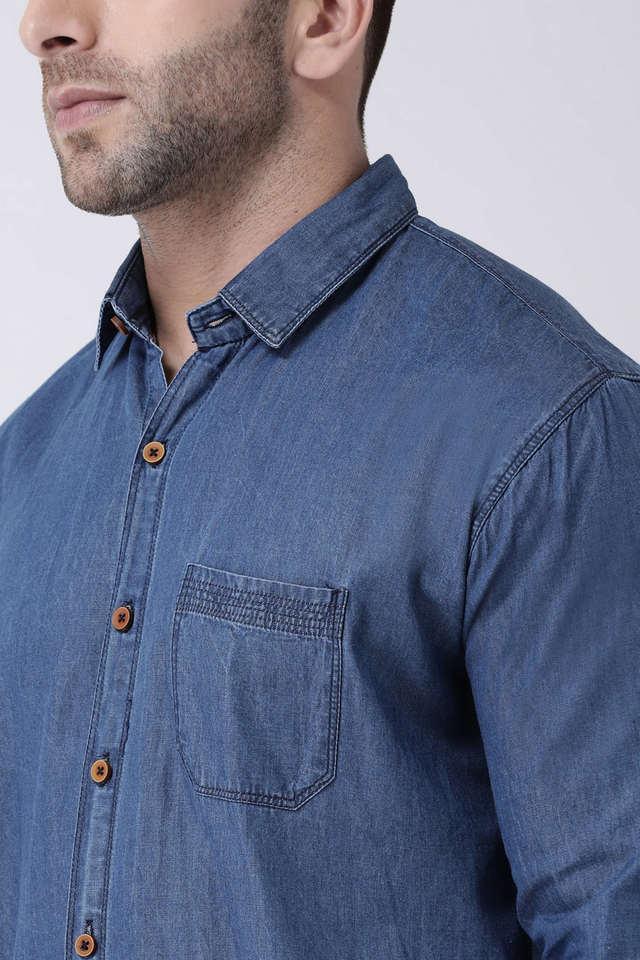 solid denim slim fit mens casual shirt