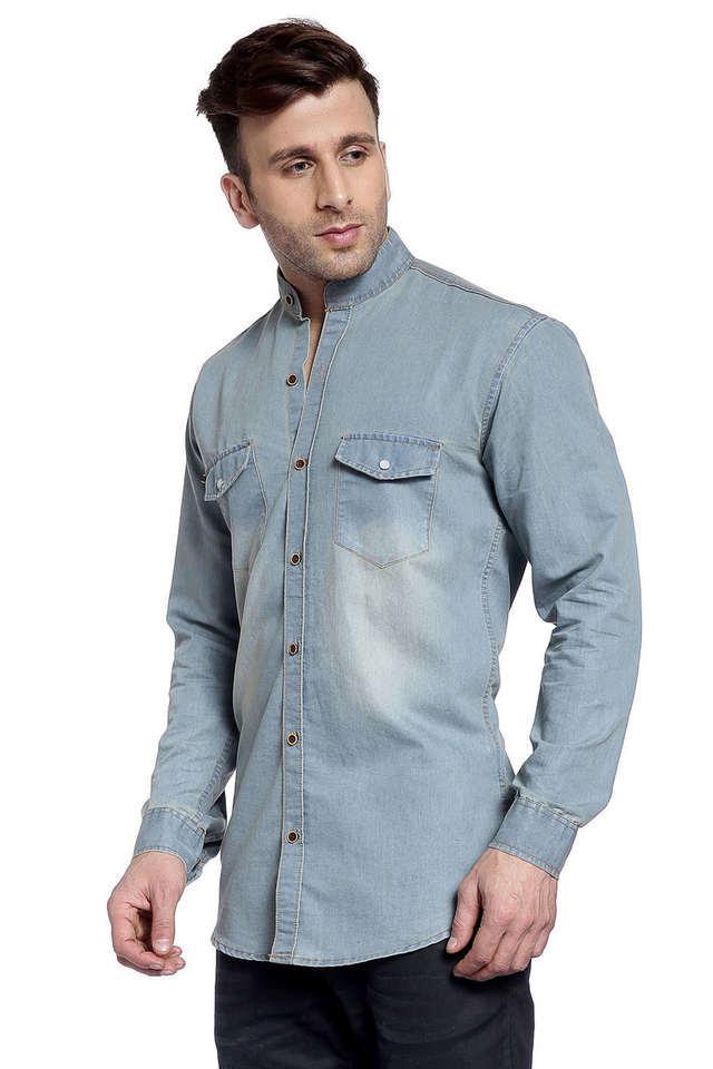 solid denim slim fit mens casual shirt