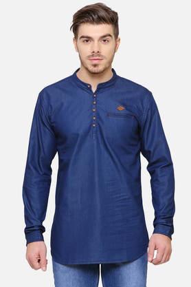 solid denim tailored fit men's casual kurta - blue