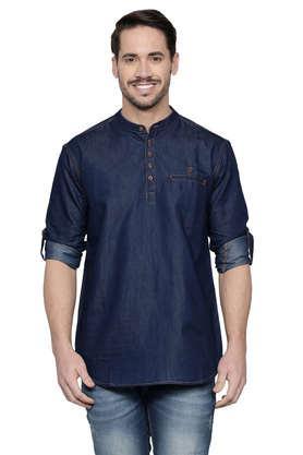 solid denim tapered fit men's casual kurta - denim