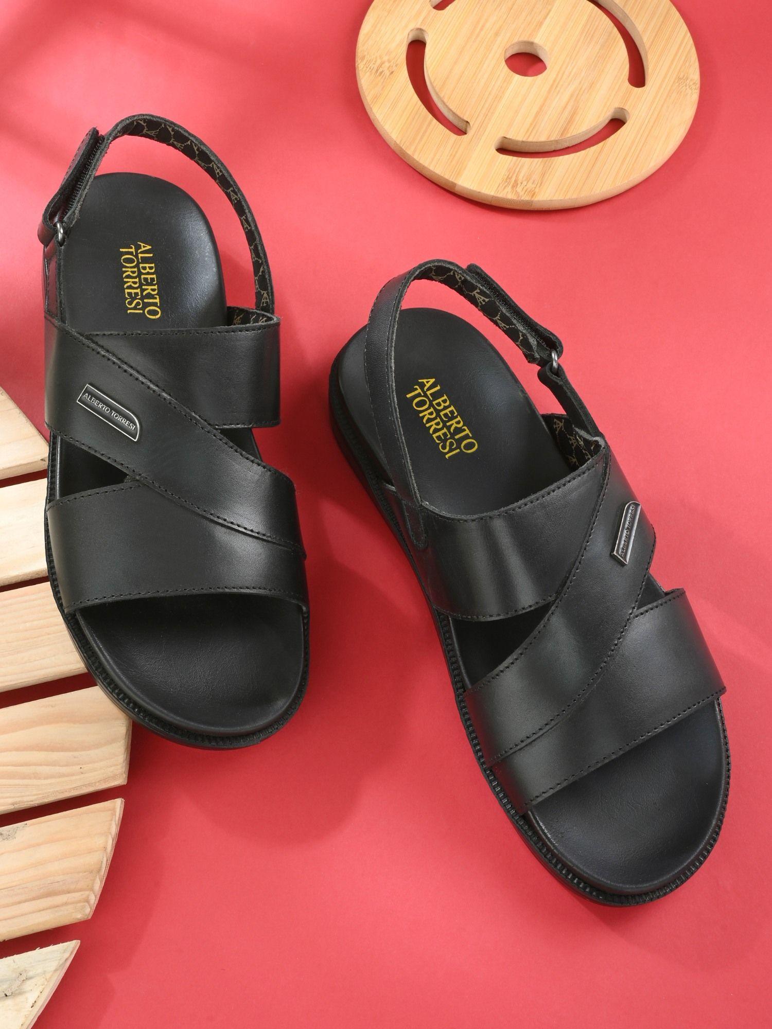 solid deriko black genuine leather slingback sandals for men