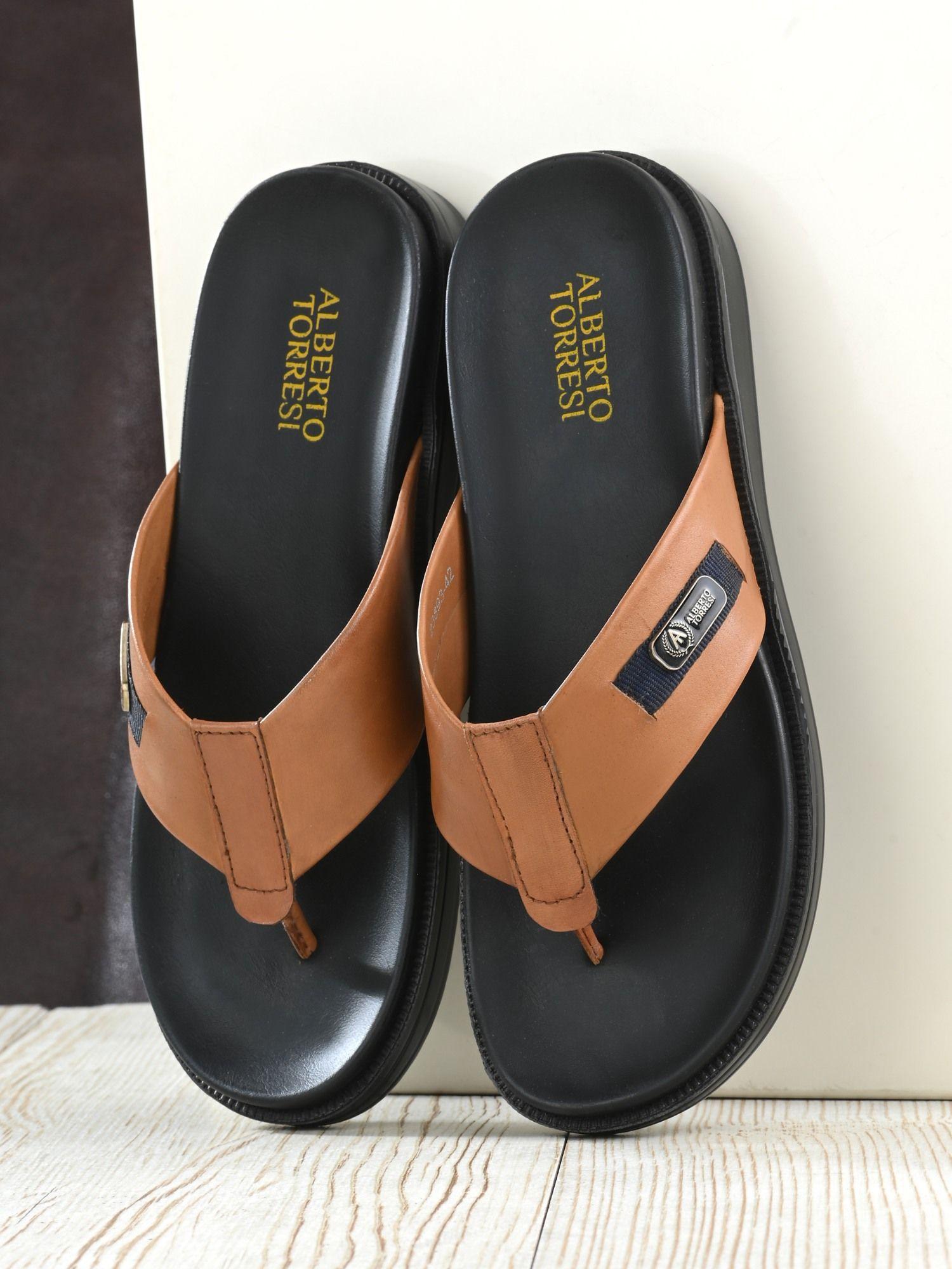solid deriko tan genuine leather flip flops for men