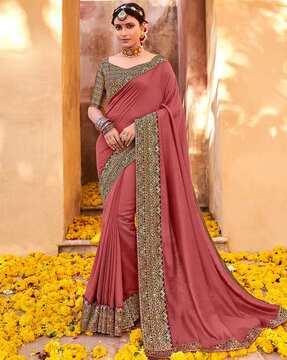 solid design lace work vichitra silk paisley saree solid saree