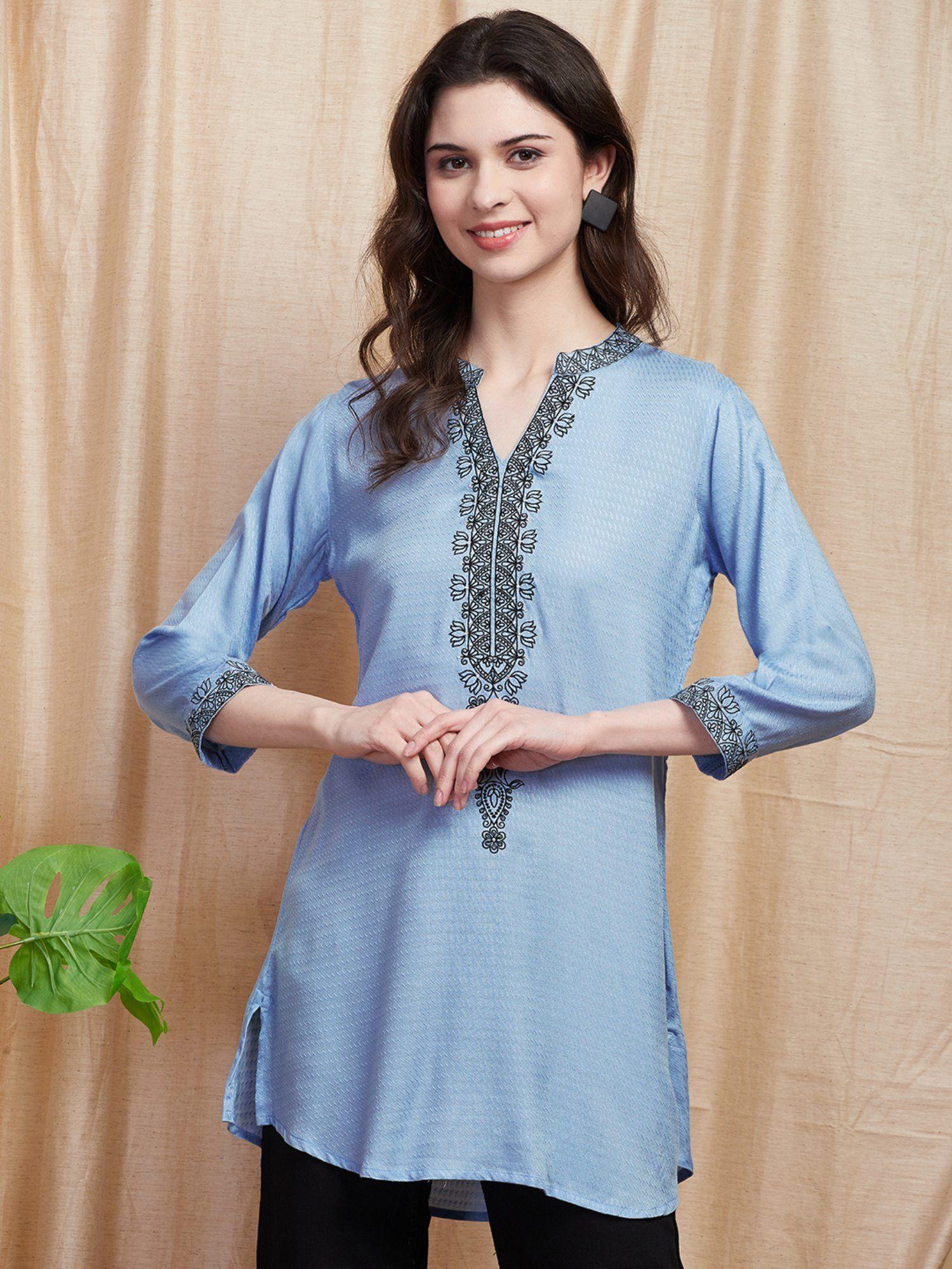 solid dobby design resham embroidered kurti - blue