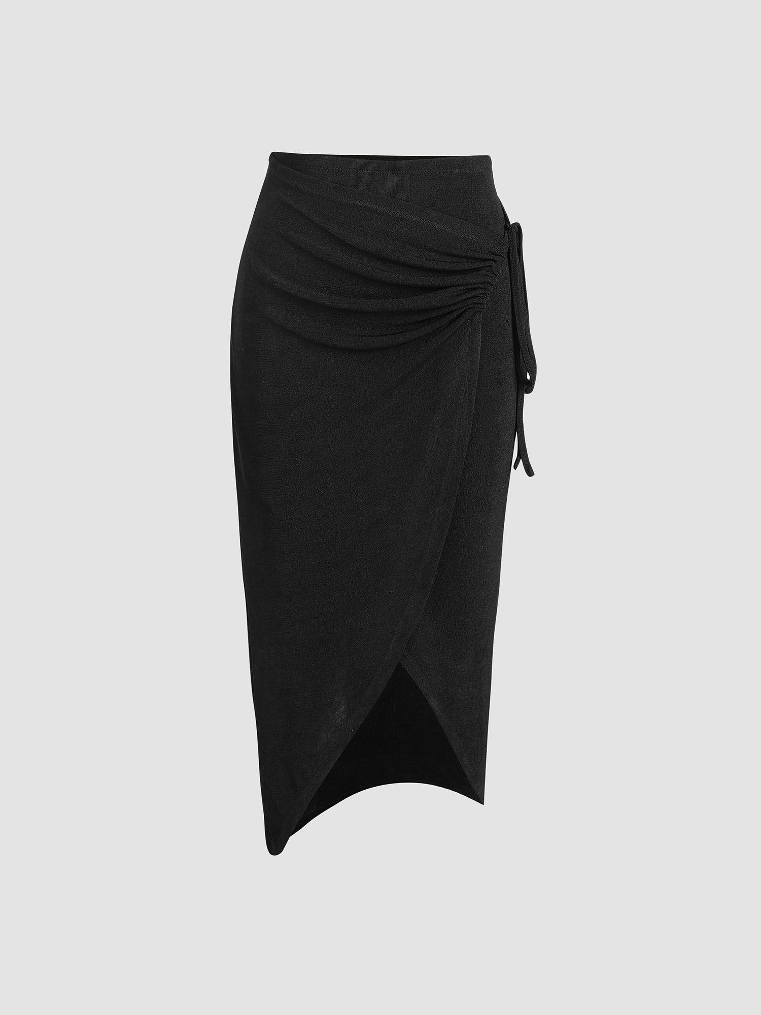 solid drawstring asymmetrical hem knit maxi skirt