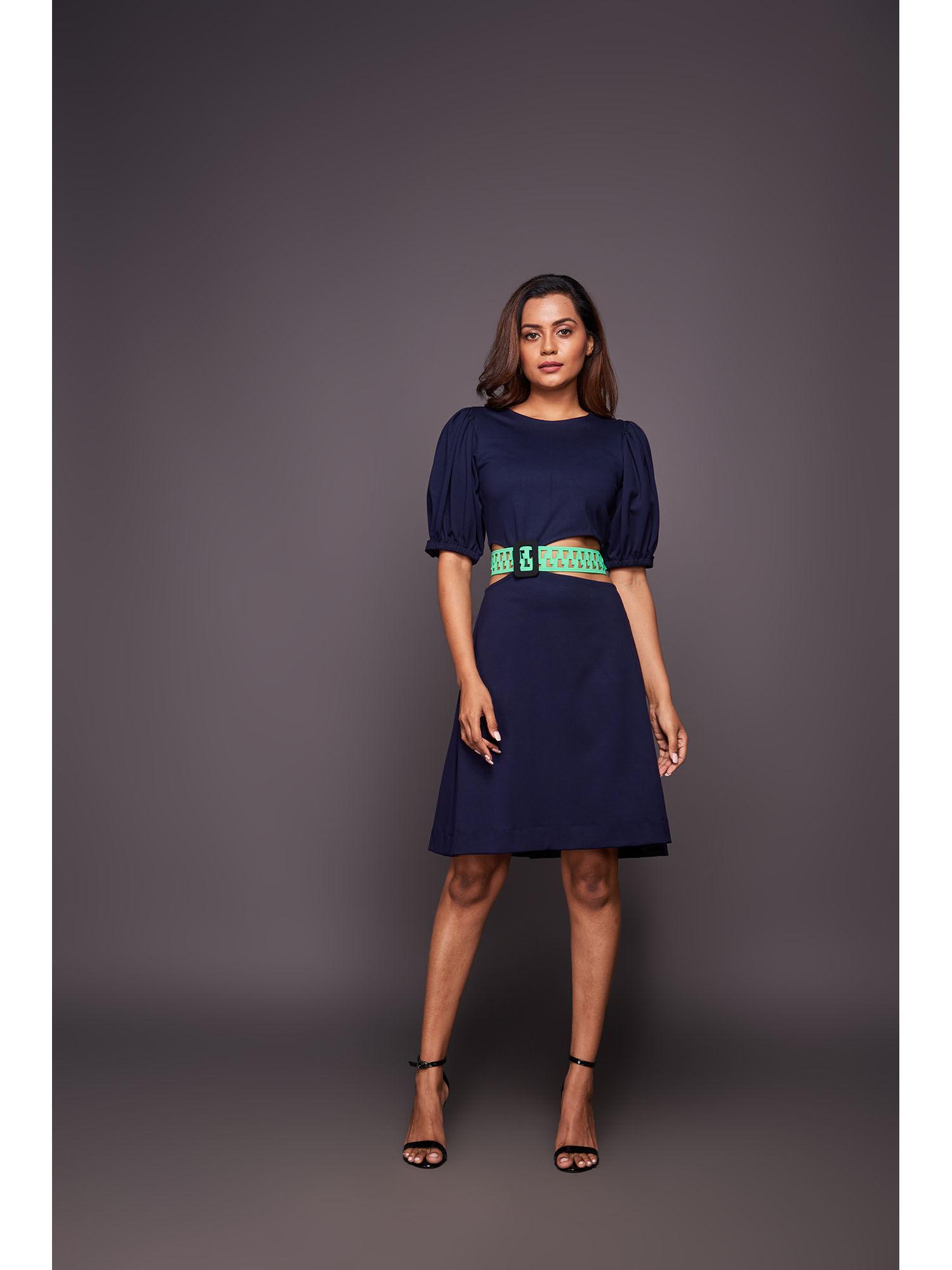 solid dress with puff sleeves - navy blue (set of 2)