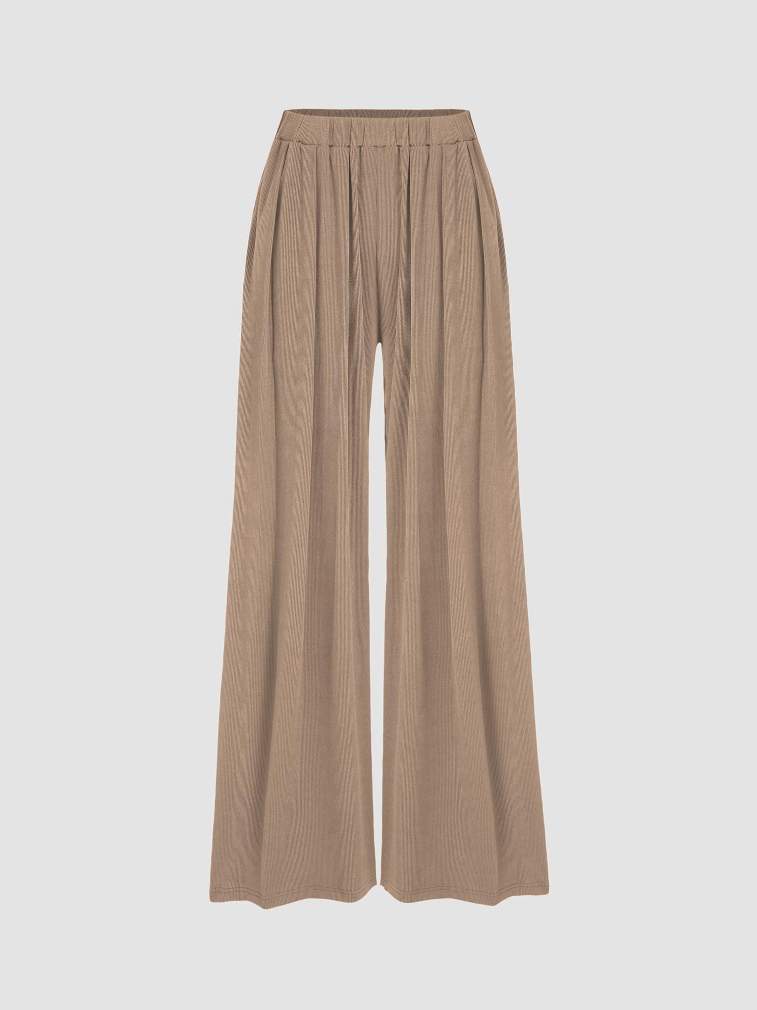 solid elastic waist wide leg pants