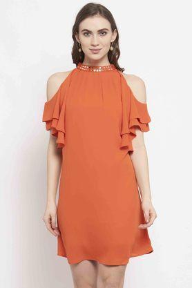 solid embellished round neck georgette womens straight fit dress - orange