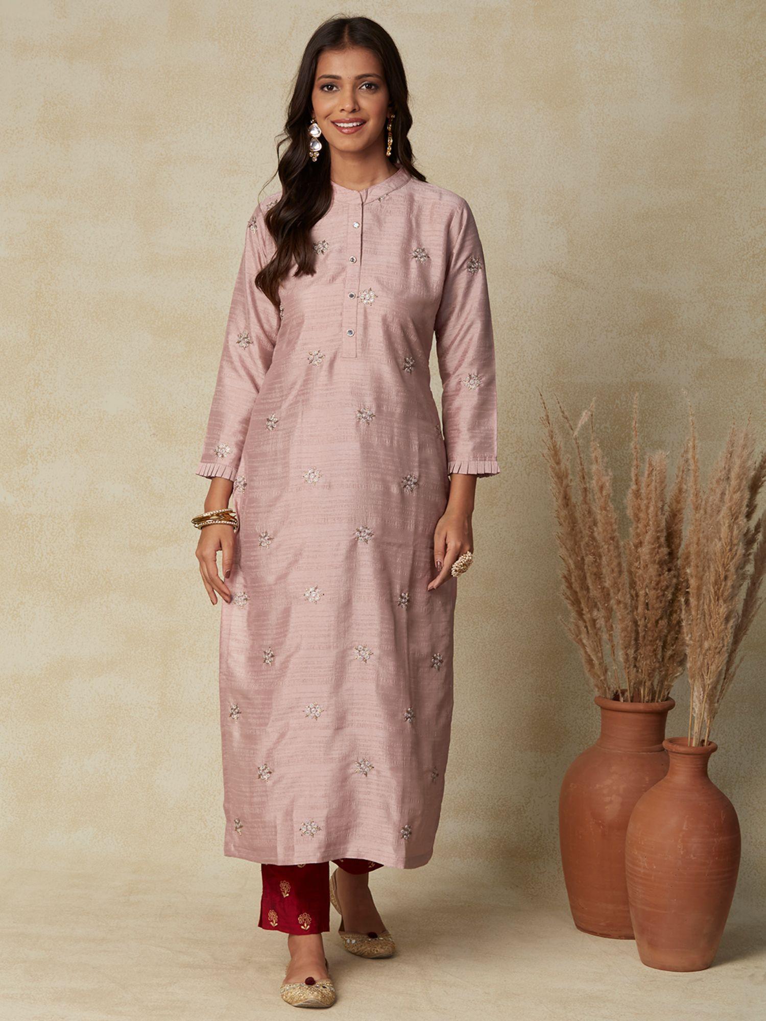 solid ethnic embroidered straight fit kurta - rose gold