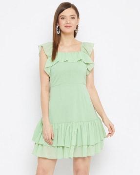 solid fit and flare ruffle dress