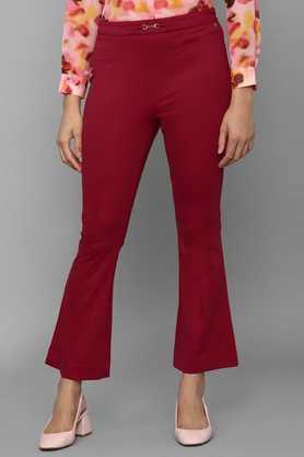 solid flared fit blended women's formal wear trouser - red